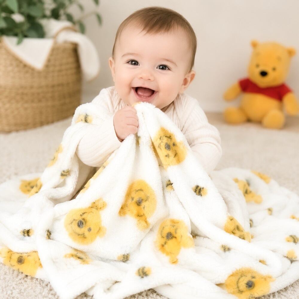 NEW Disney Baby Winnie the Pooh Honeybee Honeycomb Blanket - Yellow Gold White